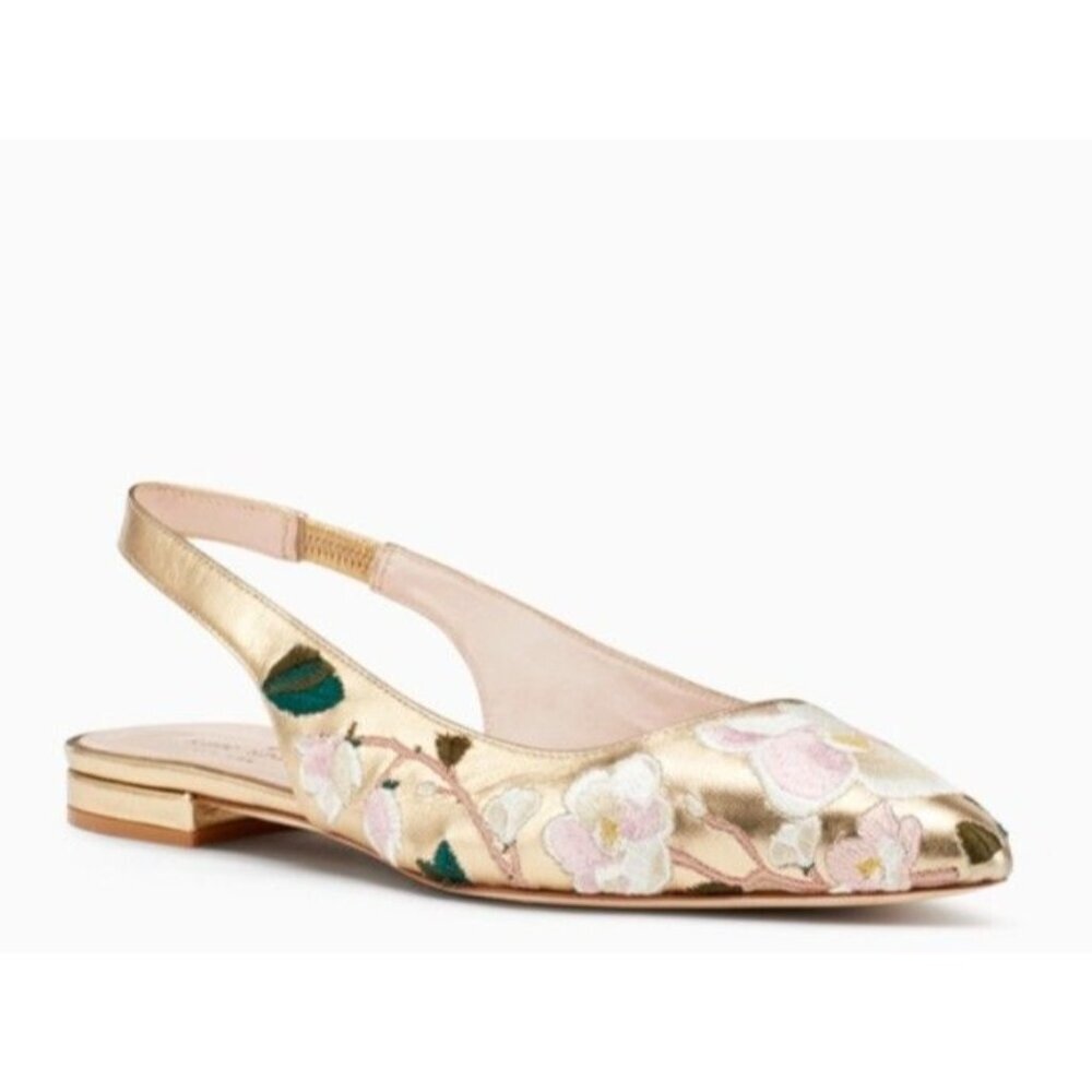 KATE SPADE Barnie Flats Gold Metallic Embroidered Size 7.5 New